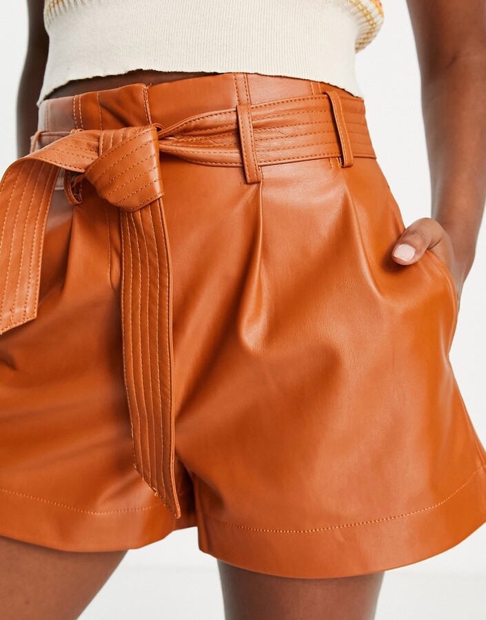 Pimkie faux leather belted paperbag shorts in camel - ShopStyle