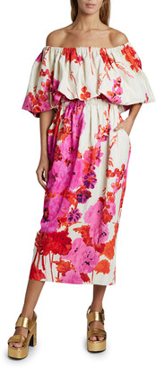 Dries Van Noten Dayna Off-the-Shoulder Floral Puff-Sleeve Dress