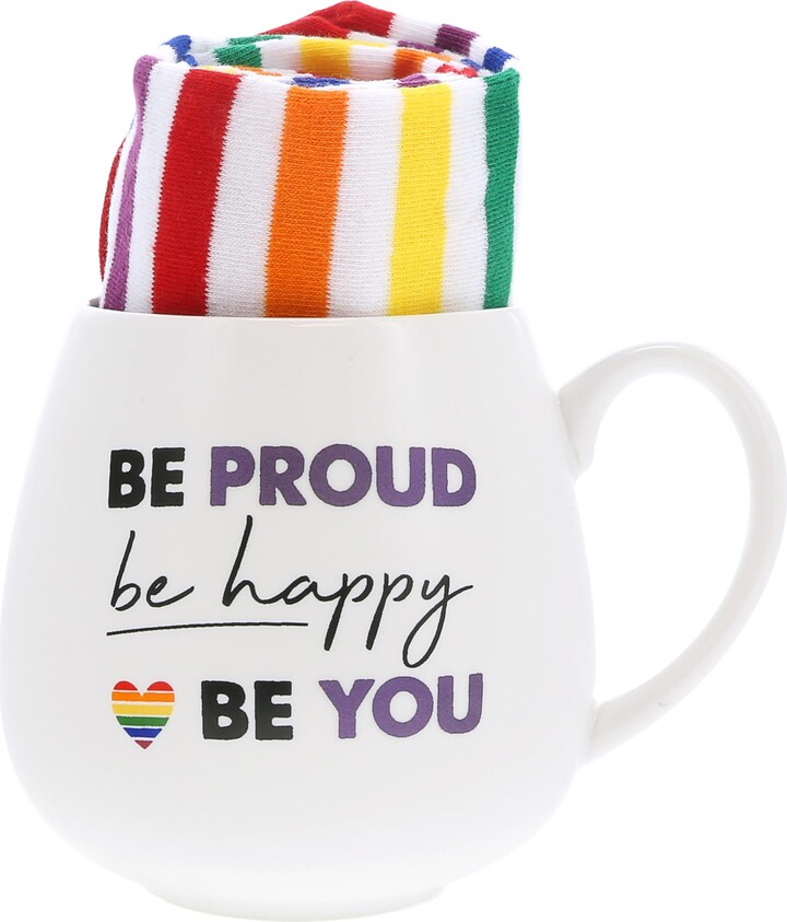Pavilion Gift Company - Be Proud Be Happy Be You - 15.5 oz Mug & Novelty Patterned 9-13 US Women & 8-12 US Men Socks Gift Set Rainbow Pride LGBTQ+ Coming Out Present