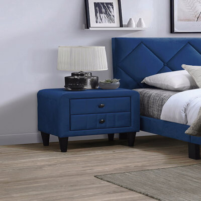 Mercer41 Navy Blue Velvet 1Pc Gorgeous Bedroom Nightstand 2 Drawers Sleek Design Tempered Legs Bedside Table