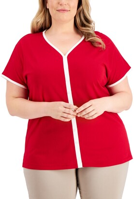Karen Scott Plus Size Piped Button-Front V-Neck Top, Created for Macy's