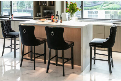 House of Hampton Stylish Velvet Bar Chairs With Button Cushion Wooden Frame Trim Comfortable 2 (black Luxury Design Solid Wood Legs High Density Foam In Black U