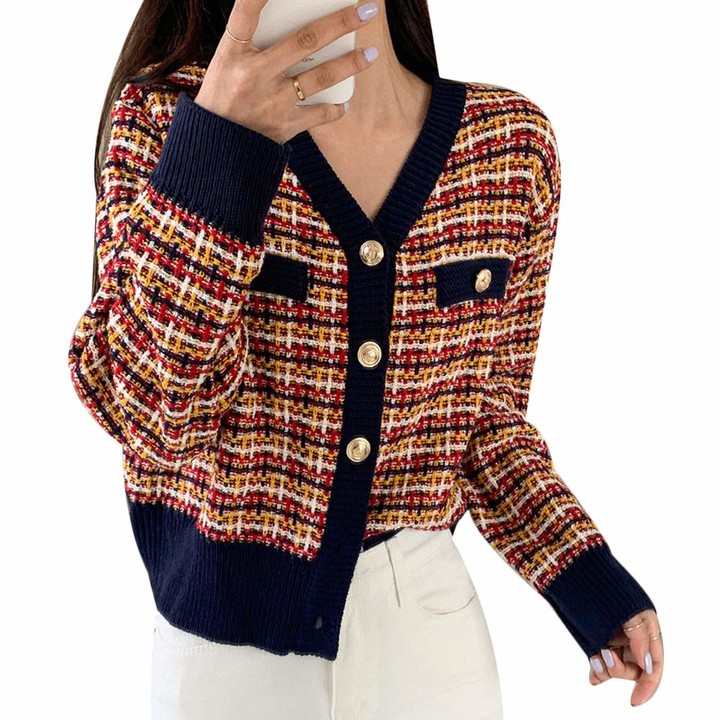 button front contrast binding plaid cardigan