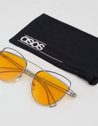 ASOS Cat Eye Sunglasses With Wire Highbrow And Double Nose Bridge With Orange Lens