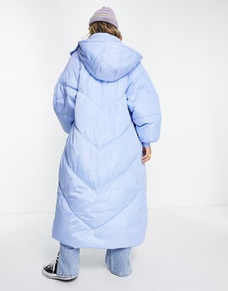 Pieces longline puffer coat in blue