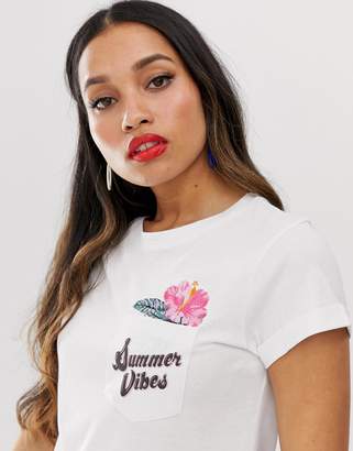 Brave Soul Petite summer vibes t shirt with pocket embroidery