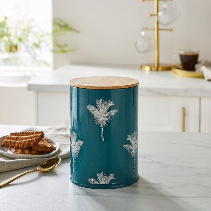 Dunelm Luxe Palm Canister with Bamboo Lid Blue/White/Beige ShopStyle