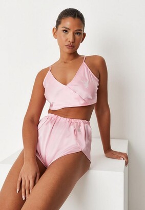 Missguided Playboy X Pink Satin Bunny Cami Short Loungewear Set - ShopStyle