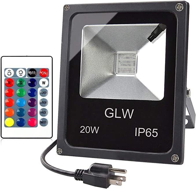 GLW 20W LED RGB Flood Light Waterproof IP65 Dimmable Color Changing 16 Colors 4 Modes Remote Control Garden Light Otdoor Light with US 3-Plug