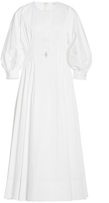 Oscar de la Renta Women's Puff-Sleeve Pleated Stretch-Cotton Midi Dress - White - Moda Operandi