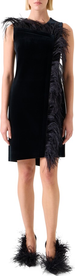 Feather Trim Velvet Neoprene Dress