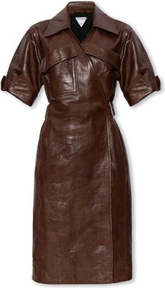 Classic Brown Women Leather Dress Mini Leather Dress Short Sleeve Leather  Dress