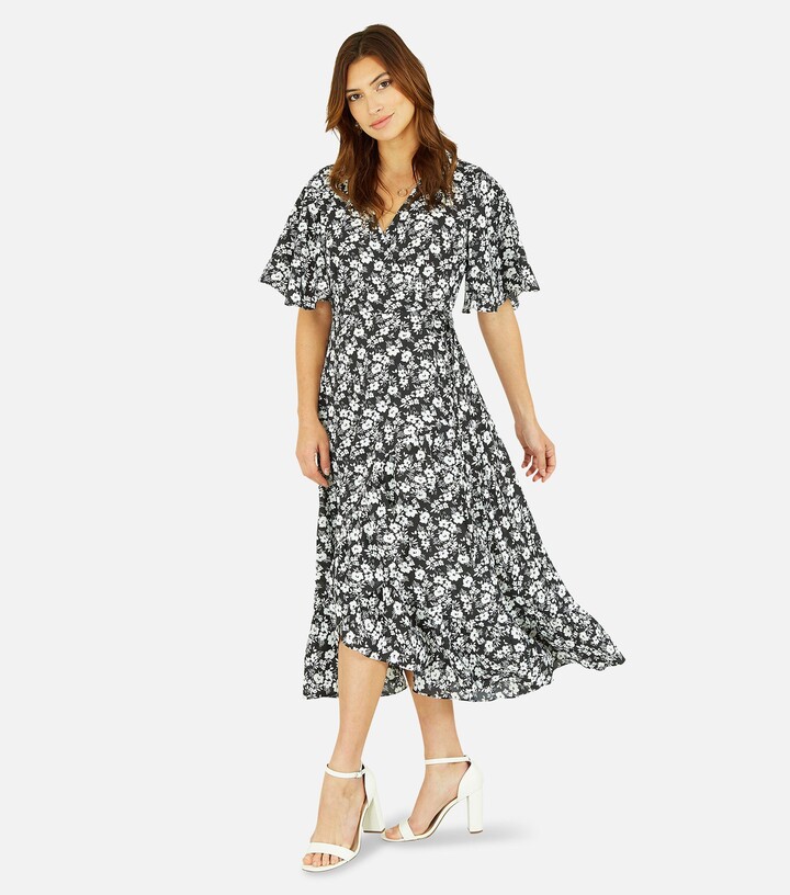Yumi Black Floral Flutter Sleeve Midi Wrap Dress - ShopStyle