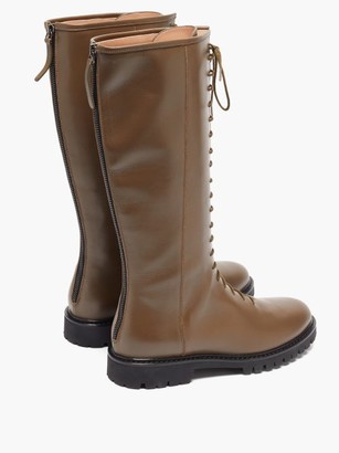 LEGRES Lace-up Knee-high Leather Combat Boots - Khaki