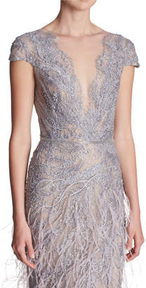 Marchesa Sleeveless Plunging Fully Beaded & Ostrich Feather Evening Gown