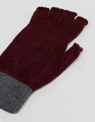 ASOS Fingerless Gloves In Burgundy With Grey Cuff