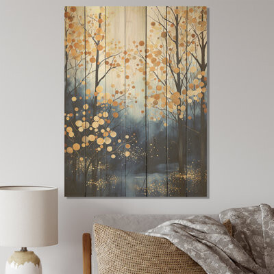 Winston Porter Gold And Blue Maple Tree Winter Forest III - Tree Maple On Wood Print