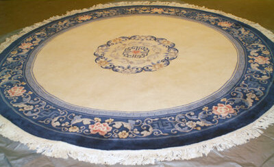 Isabelline Augu One-of-a-Kind Chinese Ming Design Hand-Knotted Ivory and Blue 7' Round Wool Rug