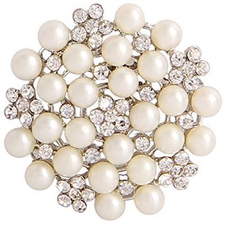 Valdler Fashion Jewelry Imitation Pearls Floral Ivory and Silver-Tone Crystal Brooch Pin