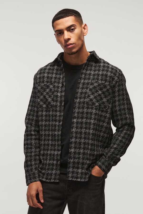 boohoo Mens Black Heavyweight Boucle Check Overshirt ShopStyle