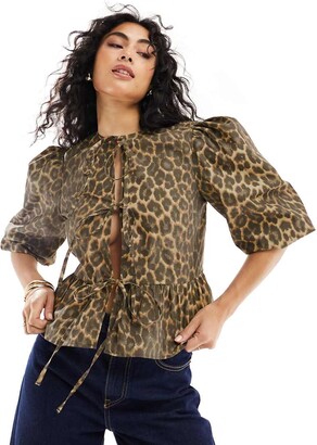 ASOS DESIGN cotton poplin peplum tie shirt top in leopard print - ShopStyle