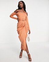 Thumbnail for your product : ASOS DESIGN bardot belted drape midi pencil dress in light tan