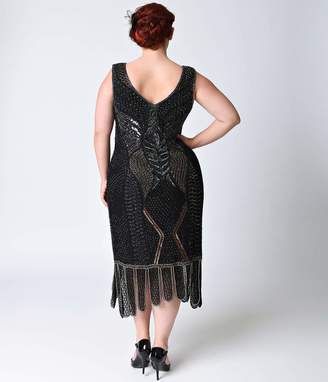 Unique Vintage Plus Size 1920s Black Beaded Sleeveless Hawkins Flapper Dress
