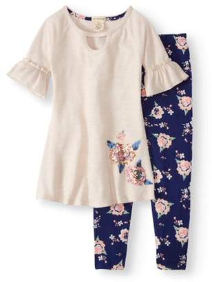 ONE STEP UP Ruffle Sleeve Sweater Knit Tunic & Floral Legging, 2-Piece Outfit Set (Little Girls & Big Girls)