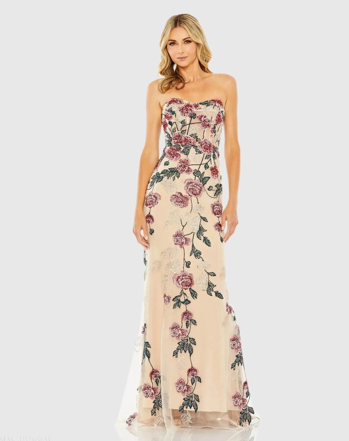 - Beige Floral Embroidered Strapless Gown - US 4