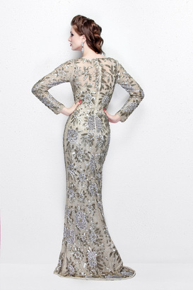 Primavera Couture - Long Sleeve Luxurious Floral Sequined Long Sheath Gown 1401