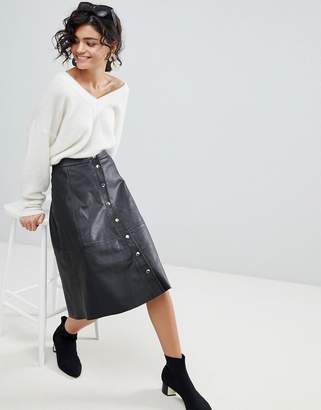Selected A-Line Button Through Leather Skirt
