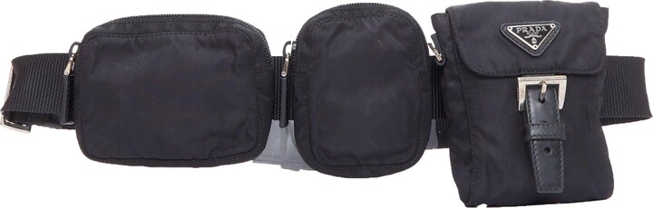 Prada Rare Black Nylon Silver Triangle Logo Leather Triple Pouch Waist Bag