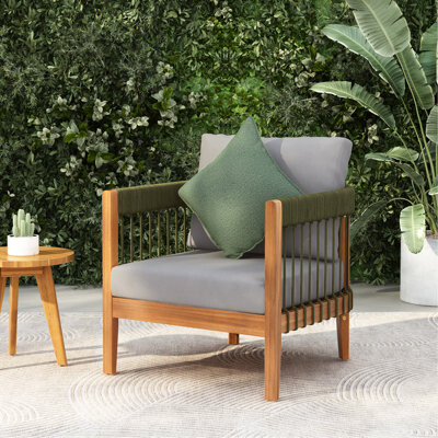 Latitude Run Porch Wood Chair With Handwoven Rope Accents Ergonomic Tub Design And Water - Fade Cushions.  Easy To Clean. 29.58 Width Details On Seat  Curved B