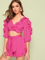 Thumbnail for your product : Shein Guipure Lace Ruffle Trim Top & Belted Shorts Set