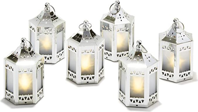 Silver Mini Lanterns with LED Star - 4.5 Inch Tall, Warm White 3D Holographic Star Light, Small Table Decor for Wedding Centerpieces or Holiday Decorations, Batteries Included - Set of 6