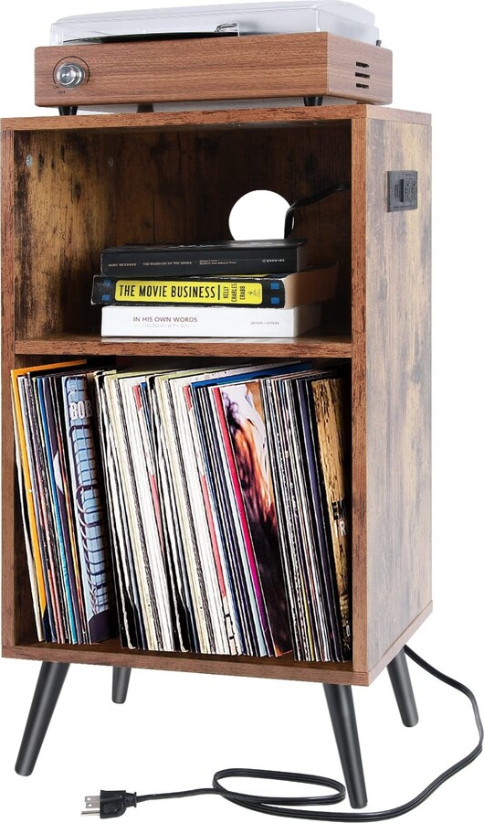 EPOWP Record Player Stand with Power Charging Station, Vinyl Record
