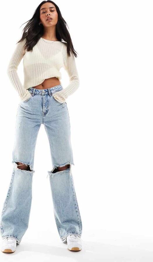 Stradivarius wide leg dad jean with rips in medium blue - ShopStyle