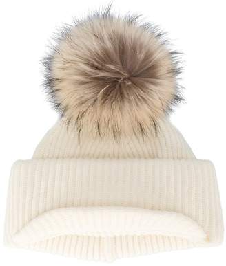 Inverni Neutral Ribbed Cashmere Hat with Visor and Fur Pom Pom