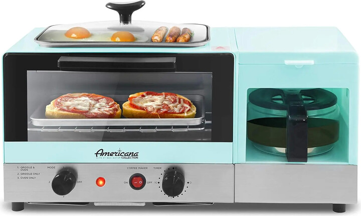iosn Americana 2 Slice, 9.5" Griddle with Glass Lid, 3-in-1 Breakfast Center Station, 4-Cup Coffeemaker, Toaster Oven with 15-Min Tim