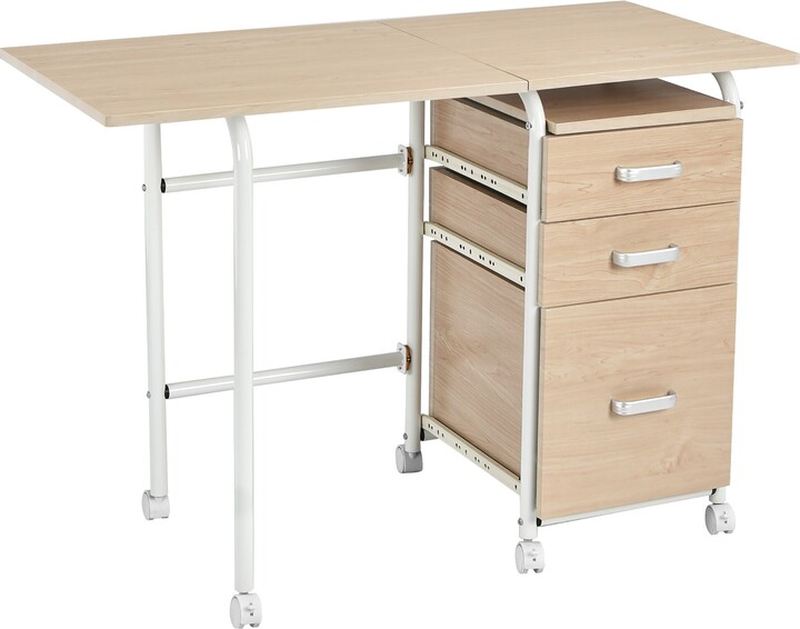 Foldable Computer Desk Laptop Table Wheeled Workstation with 3 Drawers