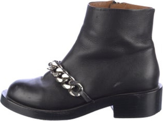 Givenchy Leather Ankle Combat Boots Black Round-Toes with Chain-Link Accents Concealed Zip Closure at Sides Designer