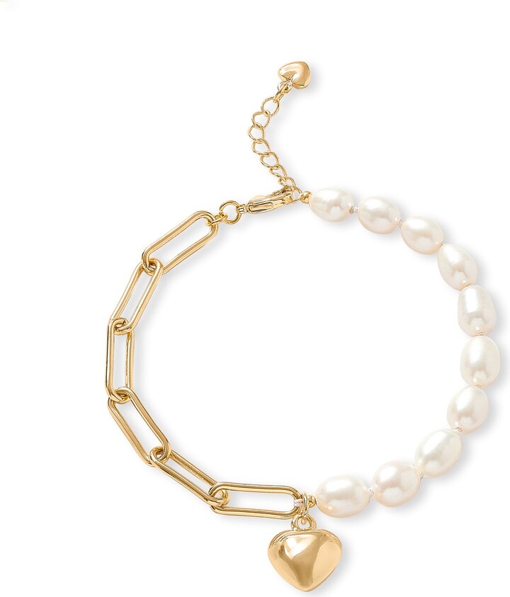 Pearls of the Orient Online Gold / White Amare Oval Cultured Freshwater Pearl & Gold Chain Bracelet With Gold Heart