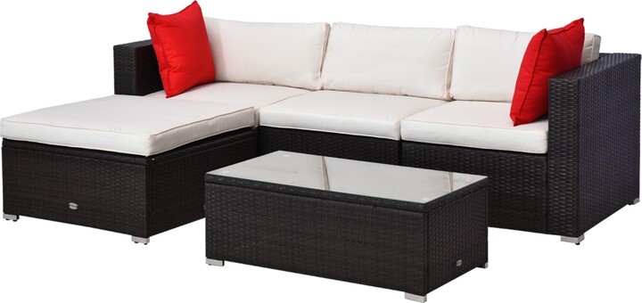 Outsunny 5 Piece Patio Wicker Furniture Set Outdoor Sectional Sofa Set Rattan Conversation Sets with Tempered Glass Tabletop Coffee Table and Ottoman