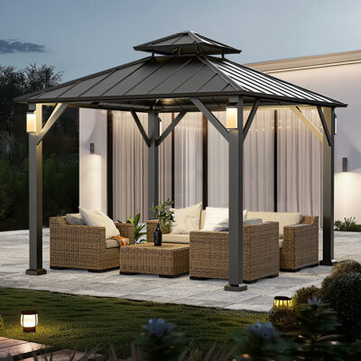 Moda Furnishings Galvanized Steel Outdoor Patio Hard Top Gazebo With Solar Led Lights