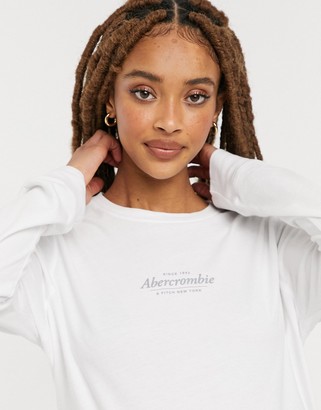 Abercrombie & Fitch logo sleeve crew neck long sleeve t shirt in white