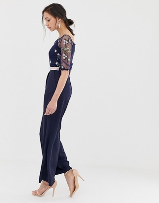 Little Mistress Tall embroidered top wide leg jumpsuit in navy