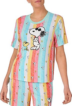 Peanuts Short Sleeve Round Neck Snoopy Stripe Print Jersey Knit Coordinating Sleep Top