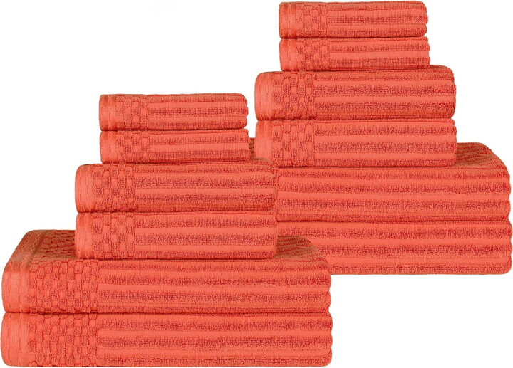 Cotton Highly Absorbent 12-Piece Solid and Checkered Border Towel Set, Coral, by Superior