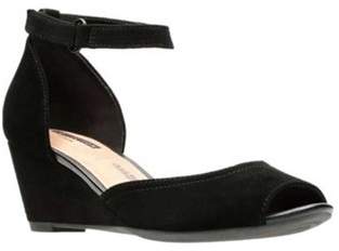Clarks Women's Flores Raye Ankle Strap Wedge Black Suede Size 9.5 W.