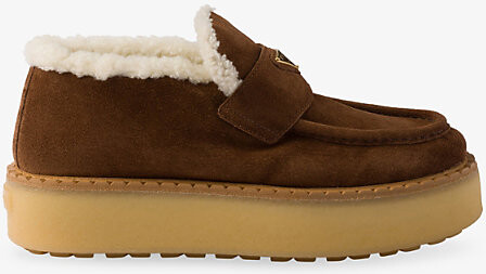 Prada Womens Brown Shearling-Lined Suede Loafers Eur 37 / 4 Uk Women